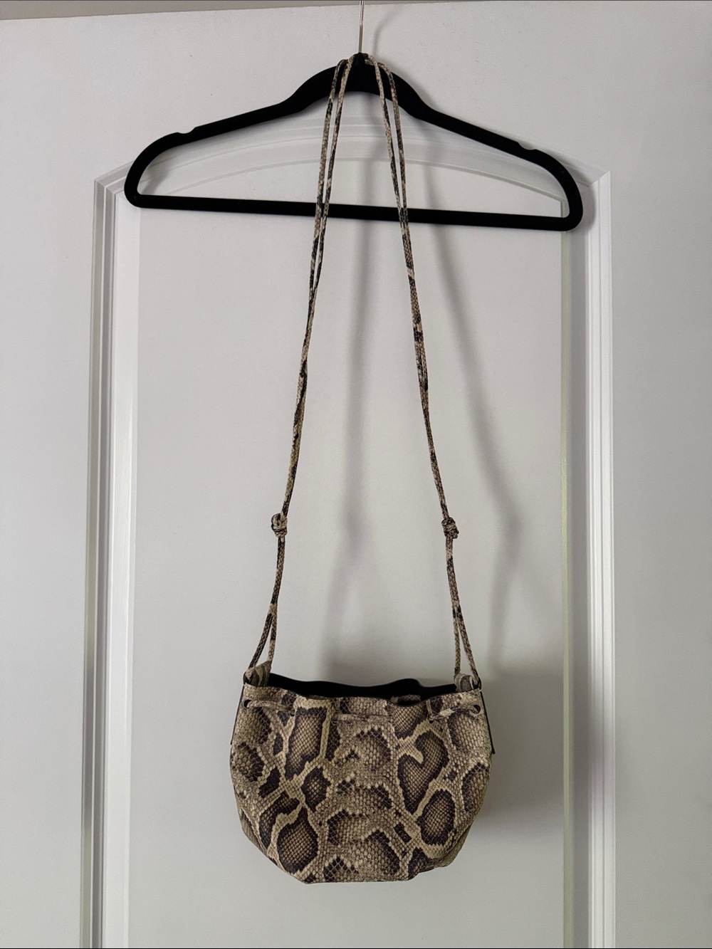 Snake-Print Crossbody Bag in Brown and Cream